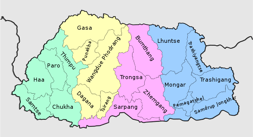 Tourist map of bhutan with 20 districts